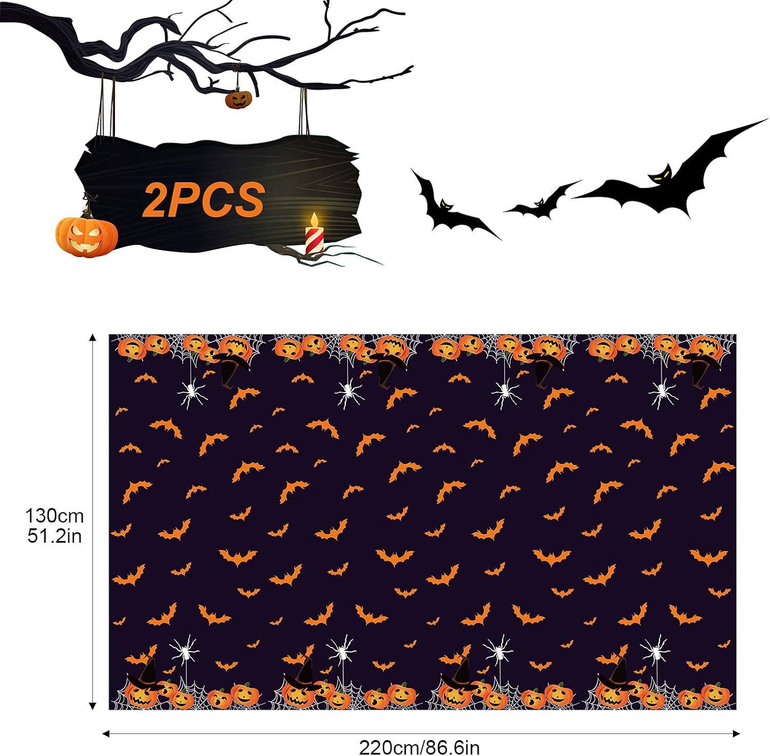 Halloween Tafelkleed Pompoenen en Vleermuizen 2 stuks